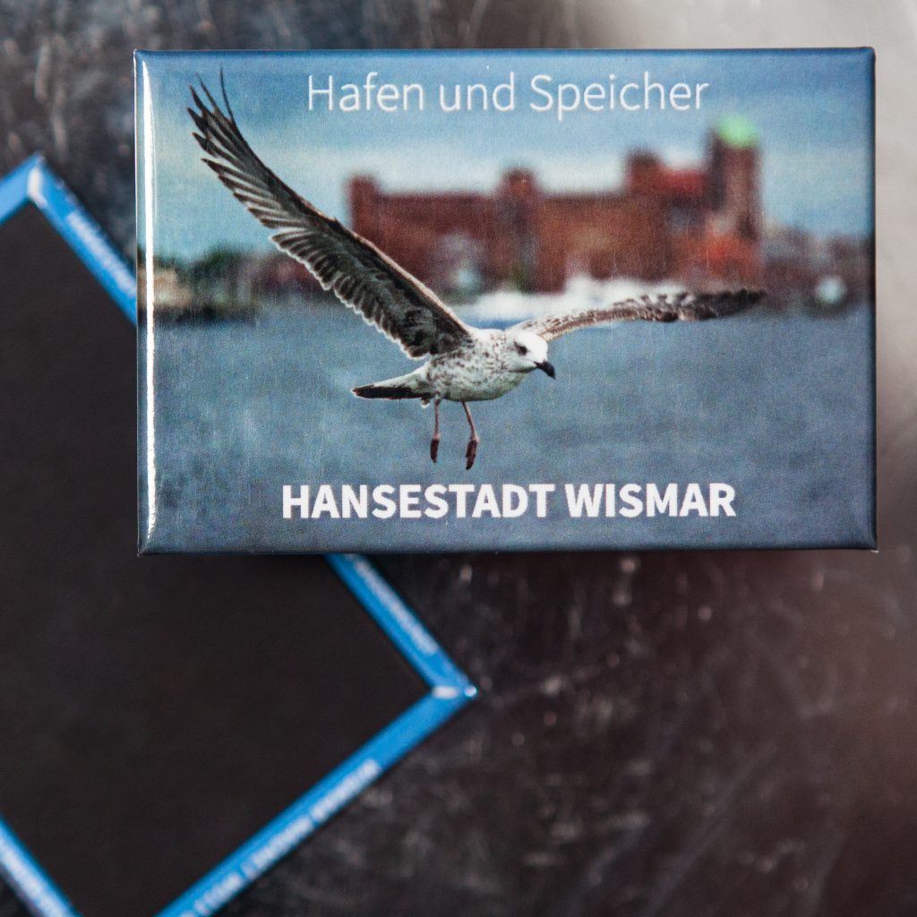 W052-M Magnet Wismar: Alter Hafen mit Speichern und junger Albertrosmöwe